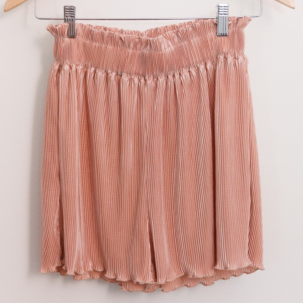 Lulus Womens XS Rose Gold Pleated Paperbag Waist Shorts Pink High Rise Shimmer
